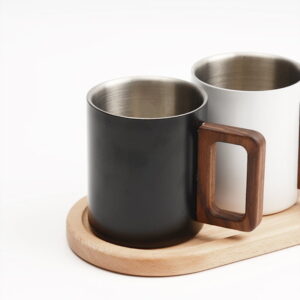 Stainless Steel Modern Double Wall Mugs Coffee Cups Coffee Mug with Wooden Handles 1CP2326